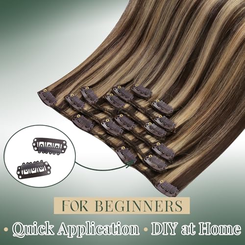 Image of Ugeat Clip in Extensions Human Hair Highlights 14 Inch 7pcs 105g | Hair Extensions Clip ins Real Human Hair , Quick Changes , Chocolate Brown Highlights Caramel Blonde