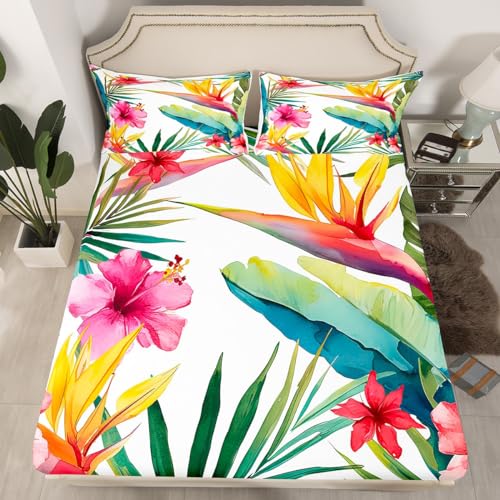 Erosebridal Tropical Tree Plant Fitted Sheet Twin Size for Kids Girls Women, Watercolor Red Hibiscus Flower Pattern Printed Bed Sheet Set,Palm Leaves Bedding Sets with 1 Pillow Case,Soft,Green Pink