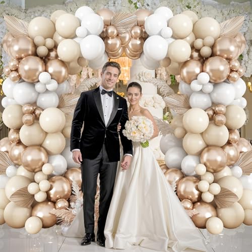 Image of Neutral Balloon Arch Kit 142Pcs Cream White Champagne Gold Balloons Garland Kit Boho Beige Sand White Gold Nude Birthday Party Balloons for Women Baby Bridal Shower Wedding Anniversary Decorations
