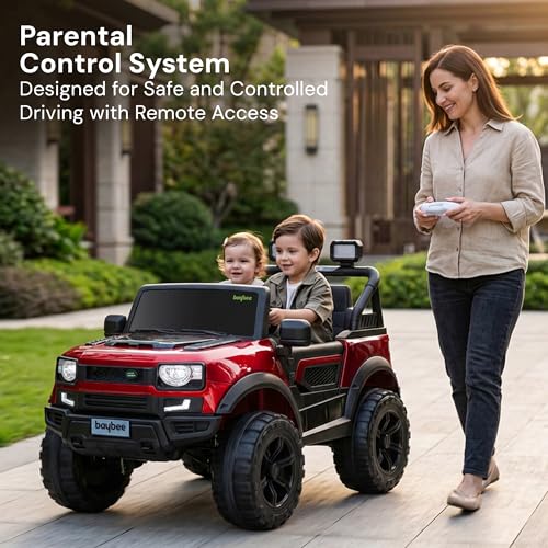 Image of Baybee RoverX Battery Operated Jeep for Kids with Parental Control | Baby Ride On Electric Car with RGB Lights, Music & Swing Mode | Rechargeable Battery Car for Kids 2 to 6 Years (Metallic Red)