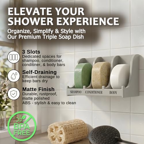 Image of Soap Holder for Shower Wall, 3-Compartment Soap Dish [Patent Pending]