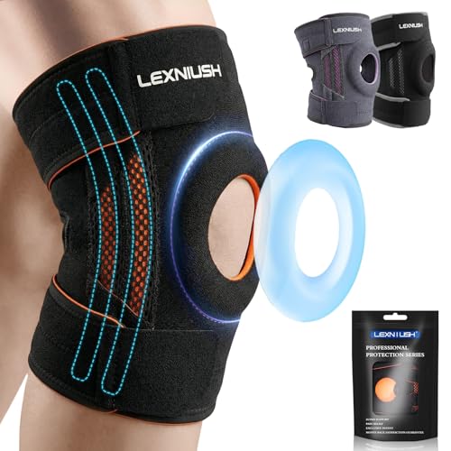 Lexniush Genouillère Sport, Réglable Genouillere Arthrose, Déchirures du Ménisque Genou, Genouillère Ligamentaire avec Stabilisateurs Latéraux et Coussinets en Caoutchouc, Course, Noir