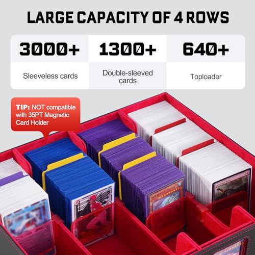 Image of ZLCA MTG Storage Box 4-Row with Handle, MTG Deck Box Holds 3000+ Trading Cards with Portable Handle Dice Bag, Commander Storage Card Case for Top Loaders TCG PTCG Sport Card(Black&Red)
