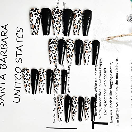 Vaveah 24 Pcs Press on Nails Coffin for Women, Extra Long Fake Nails Glue on Nails, False Nails with Glue (Black Mixed Leopard)