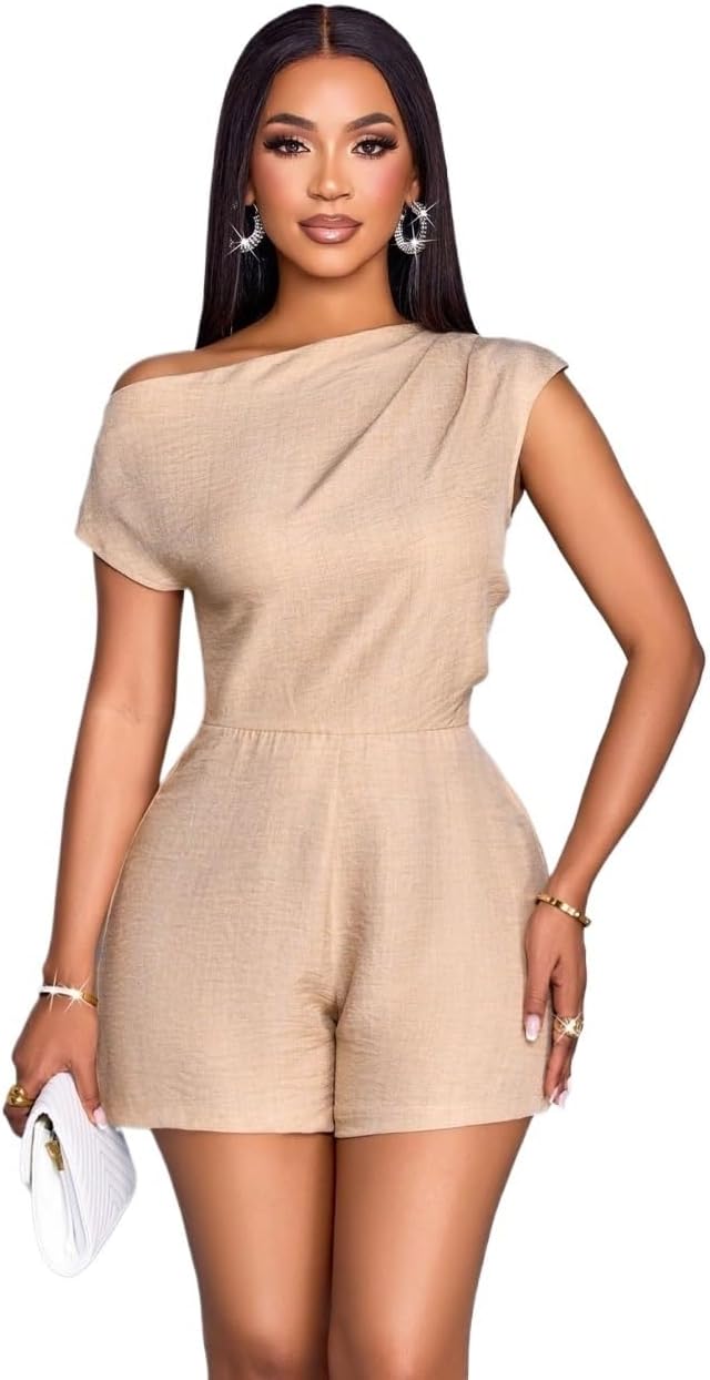 Rompers for Women Summer 2026 Spring And Summer Off-Shoulder Collar, Shoulder Pleats