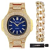 ICEDTAG Diamond Solitaire quadrante colorato placcato oro pesante argento orologio da uomo al quarzo 46 mm quadrante quadrato, bracciale cubano 20,3 cm set, Oro - Tiff. Set blu, Large, Elegante e