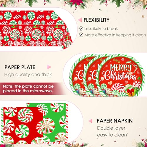 Image of 41 Pcs Peppermint Party Tableware Set Include Christmas Candy Cane Paper Plates Napkins and Plastic Tablecloth Red Green Christmas Candy Winter Party Decor for Holiday Xmas