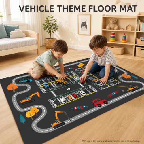 Image of Vehicle Design Floor Mat for Kids Room, Black, 80 x 120 cm