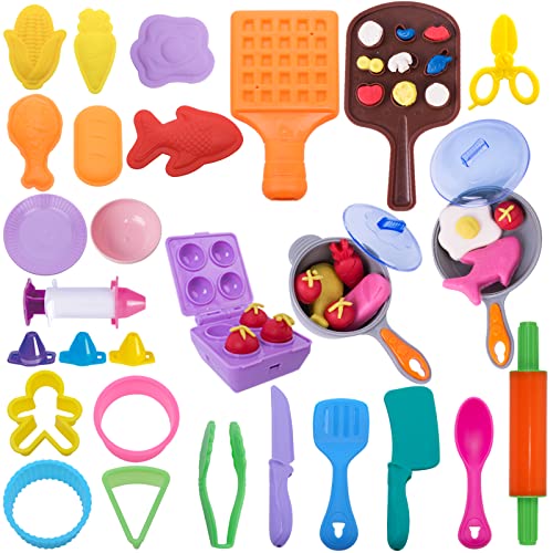 salipt Play Dough Tools Kids,Play Doh Set Play Kitchen Toys Accessories Set Playdough Kit for Toddler Preschool Toys with Frying Pan Electric Barking Multi-Color Much Fun 43 Piece.