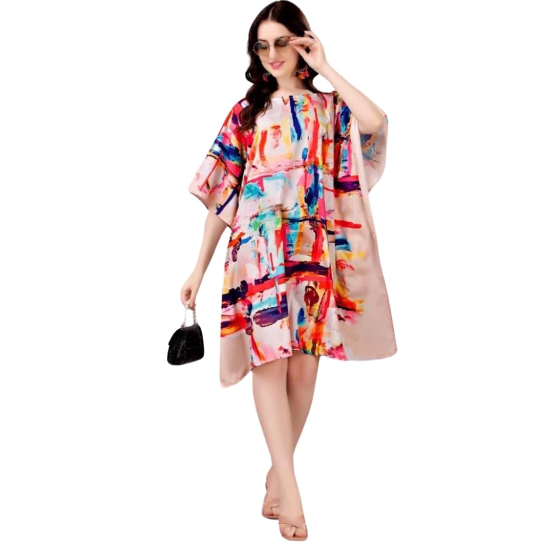 Ethnic Designer Printed Kaftan Dresses for Women – Stylish, Modest, Loose Fit, Free-Size Short Midi for Casual, Holiday & Beachwear Beige-image-31