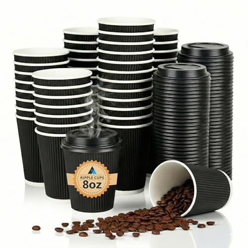 Nationwide Paper Coffee Cups with Lids, Insulated Ripple Hot Paper Cups, Disposable Cups for Takeaway Hot Drinks, Black (8oz-50 Pcs, Black)
