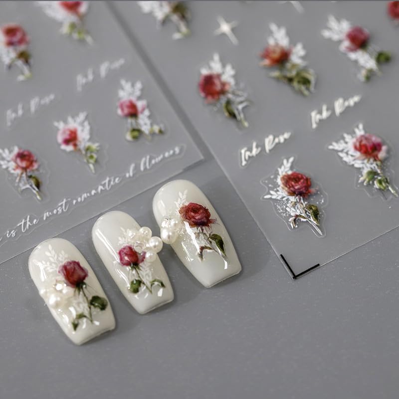 JIALITFUN 5D Embossed Nail Art Stickers, Red Rose, 1 Sheet, Waterproof, Self-Adhesive, DIY Nail Decals for Nails Art Decoration