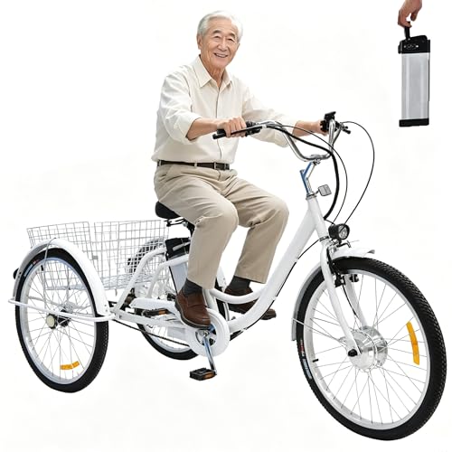 YMLUKzun Triciclo Eléctrico De 24 Pulgadas, Triciclo Eléctrico De 3 Ruedas para Personas Mayores con Cesta De Almacenamiento, Carga 150 Kg, Batería Extraíble De 36 V/12 Ah, Autonomía: 45 Km White