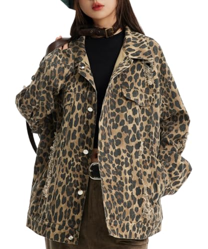 POHADON Womens Y2k Oversized Vintage Leopard Print Denim Jacket Ripped Hole Button Down Long Sleeve Coat with Pockets