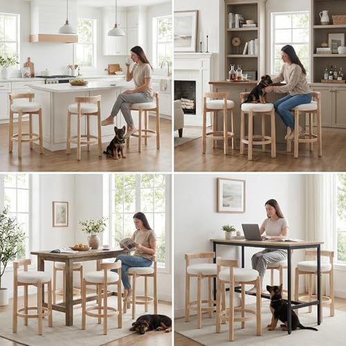 Image of LukeAlon Sherpa Counter Stools Set of 4, Mid Century Upholstered 26.5 inch Seat Height Low Barstools with Natural Wood Legs Round Low Back Kitchen Stools with Footrest for Dining Room, White