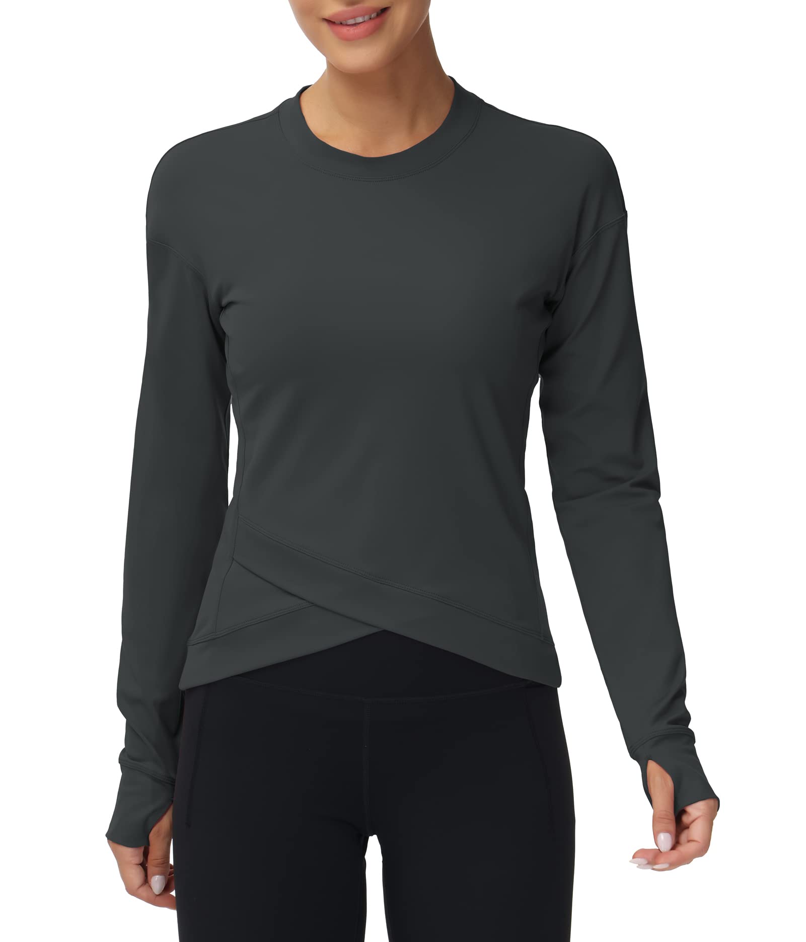 THE GYM PEOPLEWomen's Long Sleeve Compression Shirts Workout Tops Cross Hem Athletic Running Yoga T-Shirts with Thumb Hole