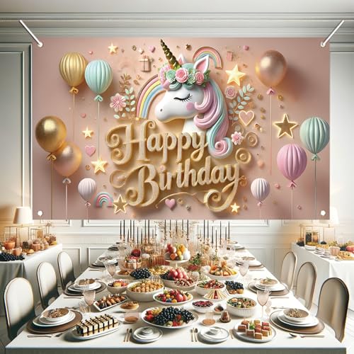 Unicorn Birthday Backdrop Adorable Unicorn Birthday Party Decorations Photography Background Banner Pastel Unicorn Fairy for Girls Women Princess Unicorn Photo Booth Props 70.8 x 43.3 Inch by Starlit Patio - Used condition - Image 5