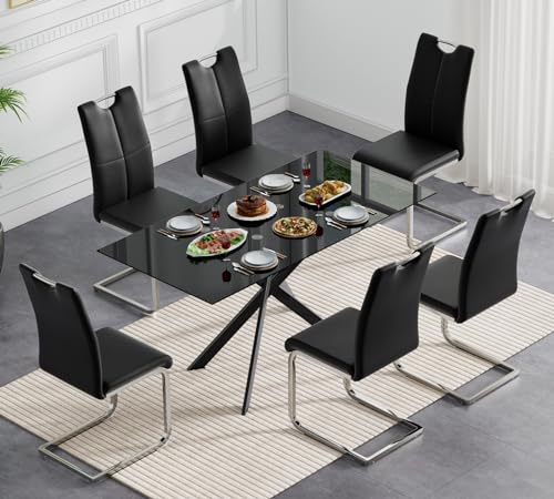 Nimaolt 7 Piece Glass Dining Table Set, Glass Kitchen Dining Room Table Set for 6, Modern 51