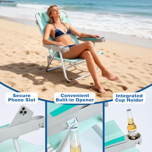 Image of SUNNYFEEL Extra Wide Low Beach Chair 2 Pack 5 Position Lay, XL Oversized Portable Folding Camping Chairs with Cup Holder for Outdoor /Sand, Foldable Backpack Beach Chair for Adults Heavy Duty 500 LBS