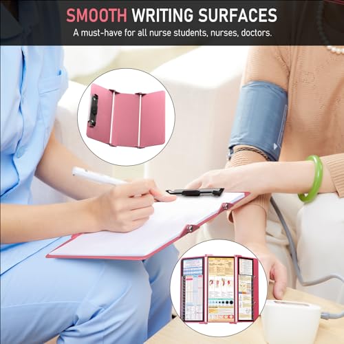 Image of Nursing Clipboard Foldable, Foldable Clipboard w /Nursing Edition Cheat Charts,3 Layers Aluminum, Nurse Clip Board w /Low Profile Clip&Pen Clip Pocket for Students, Nurses and Doctors, Rose