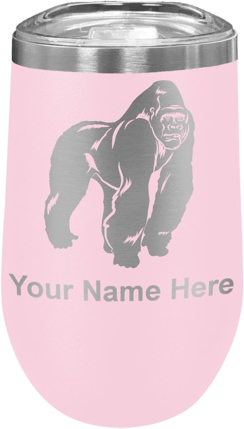 LaserGram 16oz Double Wall Stainless Steel Wine Glass Tumbler, Gorilla, Personalized Engraving Included (Black)