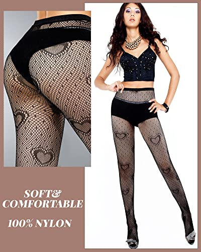 Geyoga 3 Packs Heart Fishnet Tights Stretch Polka Dot Tights Nylon Soft Heart Pantyhose High Waist Heart Patterned Stockings (Black) #TOP4