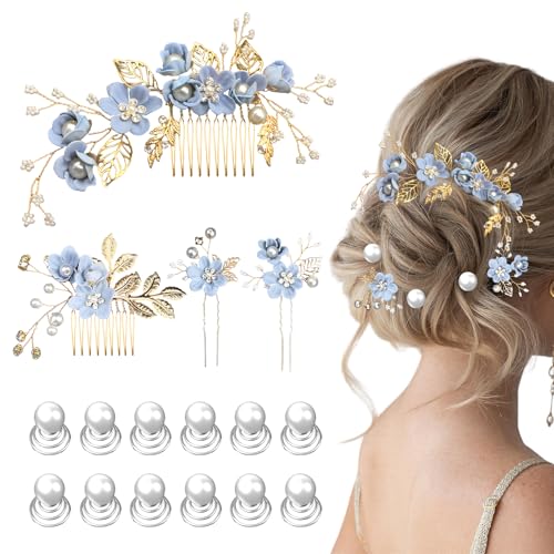 16 piezas Accesorios para el pelo de novia para mujer, elegantes horquillas decorativas de flores y peines con perlas en espiral para novias, damas de honor, invitadas de boda y fiesta
