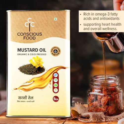 Image of Conscious Food Cold Pressed Black Mustard Oil | 5 Litre | Natural | Pure & Unrefined | Rich Taste & Aroma | Sarso ka Tel | Kachi Ghani /Chekku