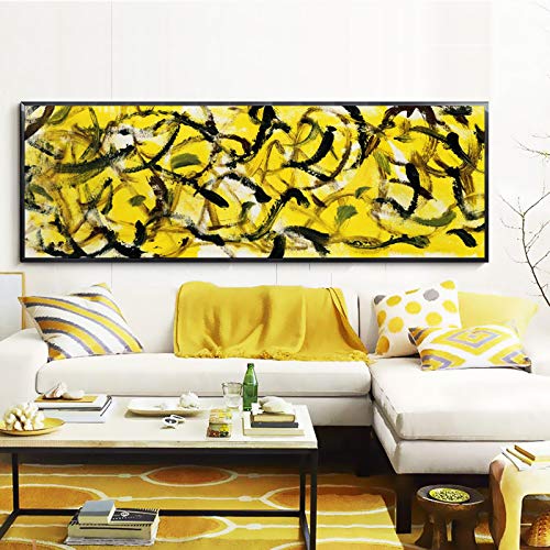 Tableau moderne pour salon : art abstrait sur toile jaune et noire 50x150cm