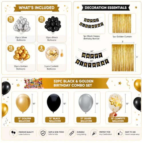 Image of Birthday Decoration Set 54 Pc, Bday Decoration Combo Pack, Birthday Function Party Decoration kit, Black & Golden Balloon, Themed Party for kids