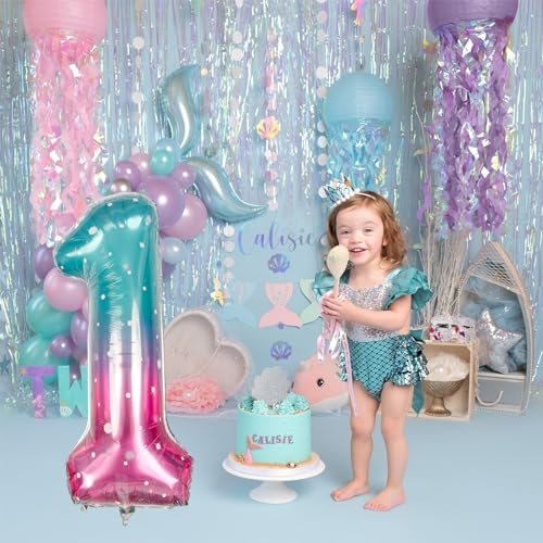 Image of 40 Inch Blue Pink Number 1 Balloon for 1st Birthday Decoration, Large Rainbow Mermaid Mylar Foil Number Balloons 0-9 for Girl, Starry One Helium Balloons for Women 1st Anniversary Magic Party Supplies