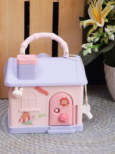 Image of Cute Toy House Money Coin Box with 3D Sticker Metal Piggy Bank with Secure Lock & Keys for Kids, House Shaped Money Saving Coin Collection Box for Girls (Pack of 1, Multicolour) (Design-3)
