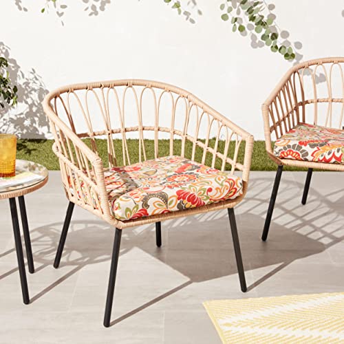 Pillow Perfect Bright Floral Indoor/Outdoor Chair Pad With Ties, 2 Count, 20" x 20", Green/Red Zoe