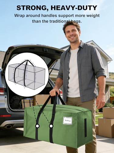 Image of HOMESURE Supports 200lbs Heavy Duty Moving Bags - Strong Zipper & Wrap-Around Handles - Water-Resistant Storage Totes, Durable Alternative to Moving Boxes - 4 Pack - Light OliveGreen