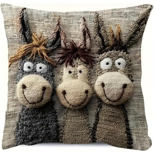 Vintage Donkey Pillow Cover 18x18 Inch, Soft Polyester Decorative Cushion Case with Zipper Closure