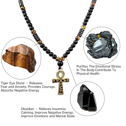 Ankh Cross Pendant Ancient Egyptian Hieroglyphic Symbol of Health and Eternal Life Men Cross Necklace with Tiger Eye Stone Obsidian Hematite Triple Protection Crystal Beads Chain3