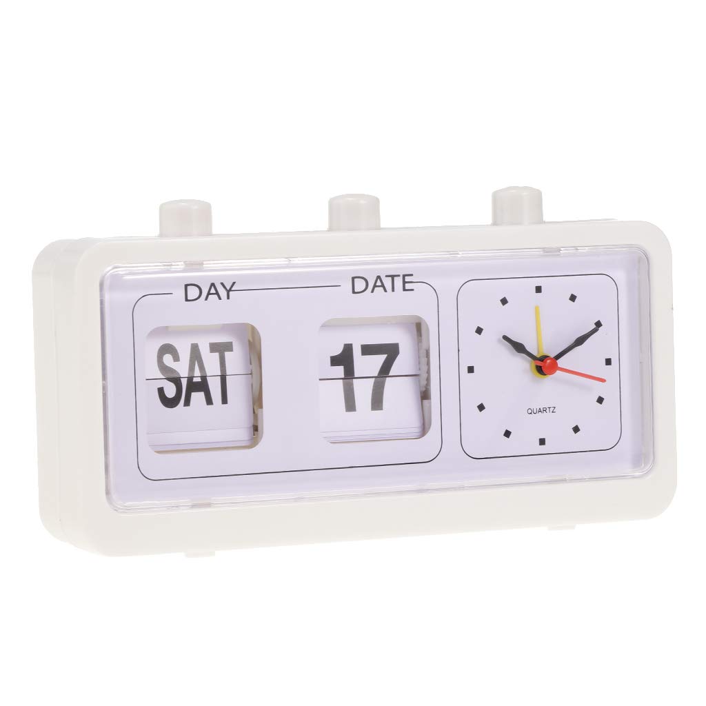 Alarm clock Retro Table Auto Flip Clock Non-ticking Calendar Clock with Day Date Display (Color : White)