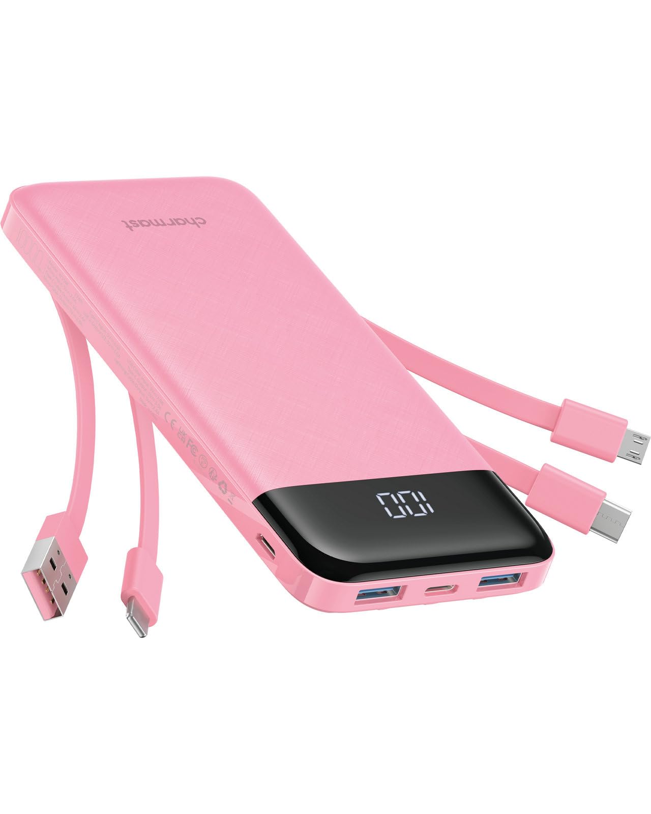Charmast Power Bank with Built in Cables X 4, USB C Battery pack 6 Outputs 3 Inputs with LED Display Type C Powerbank Portable Charger Compatible with Smartphones Tablets and More