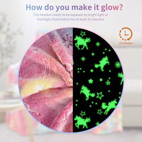 Image of Glow in The Dark Unicorn Blanket for Girls - Personalized Soft Fleece Gift for Kids /Baby /Toddler Age 1-12, 40 inchx 60 inch