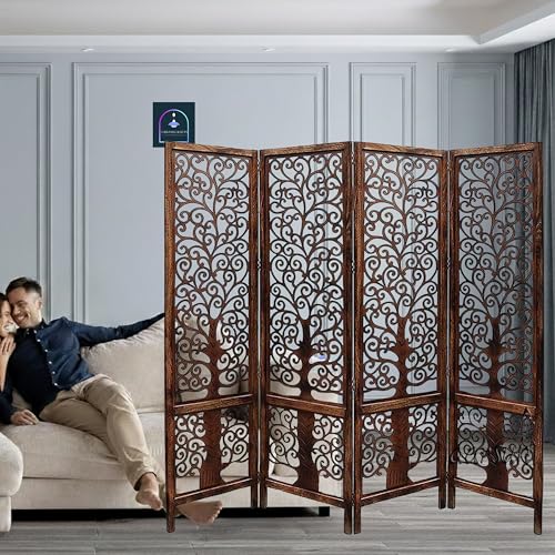 Image of Wooden Room Partition /Screen /Room Divider /Room Separator Traditional Handicrafts 6Ft (Dark Brown) (Tree 4 Panel)
