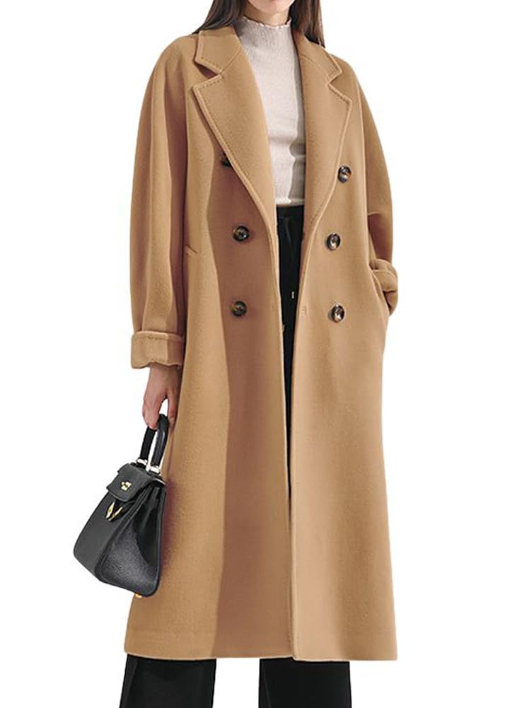 chouyatou Women's Winter Double Breasted Wool Coat Business Casual Midi Long Winter Trench Coat with Belt
