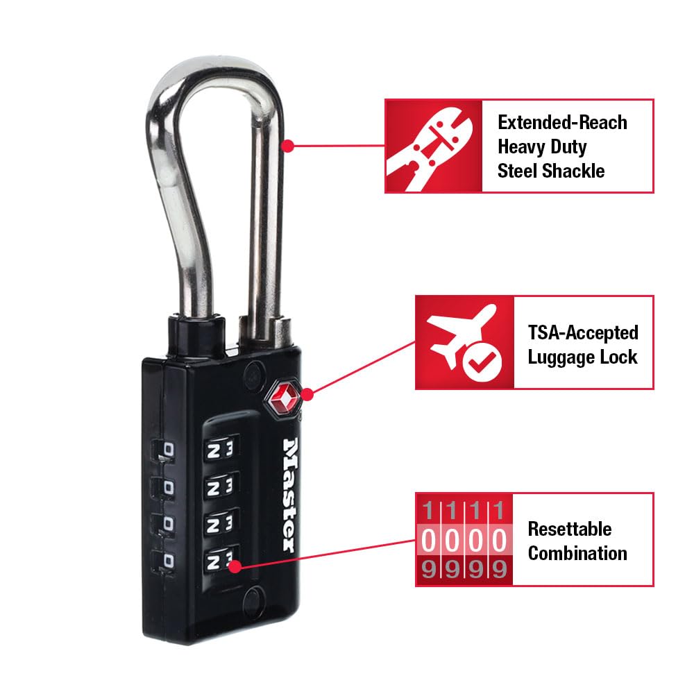 Master Lock 4696EC4 Lot de 4 cadenas à combinaison personnalisable, cadenas de valise accepté par la TSA, 3,33 cm, large, noir