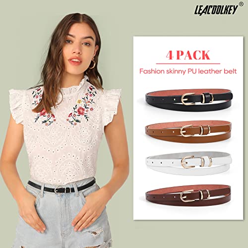 LEACOOLKEY 4 PACK Skinny Leather Belt for Women Dress Thin Waist Belt with Gold Buckle for Jeans3