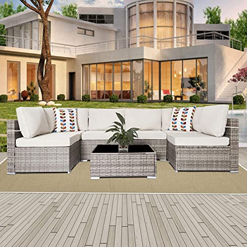SUNVIVI OUTDOOR Patio Furniture Sets, 7 Piece All-Weather Grey PE Wicker Furniture Set, Patio Sectional Conversation Sofa with Coffee Table, Removable Cushions