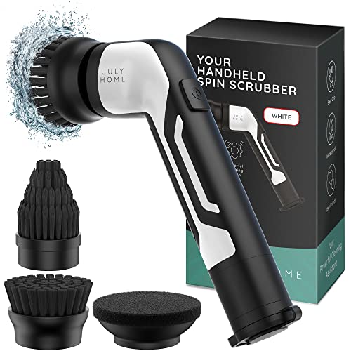 JULY HOME Handheld Electric Spin Scrubber, Cordless Automatic Power Scrubber for Shower, Cleaner for Tile, Grill, Dish, Sink, Shower Scrubber with 3 Brush Heads (Packaging May Vary, White)