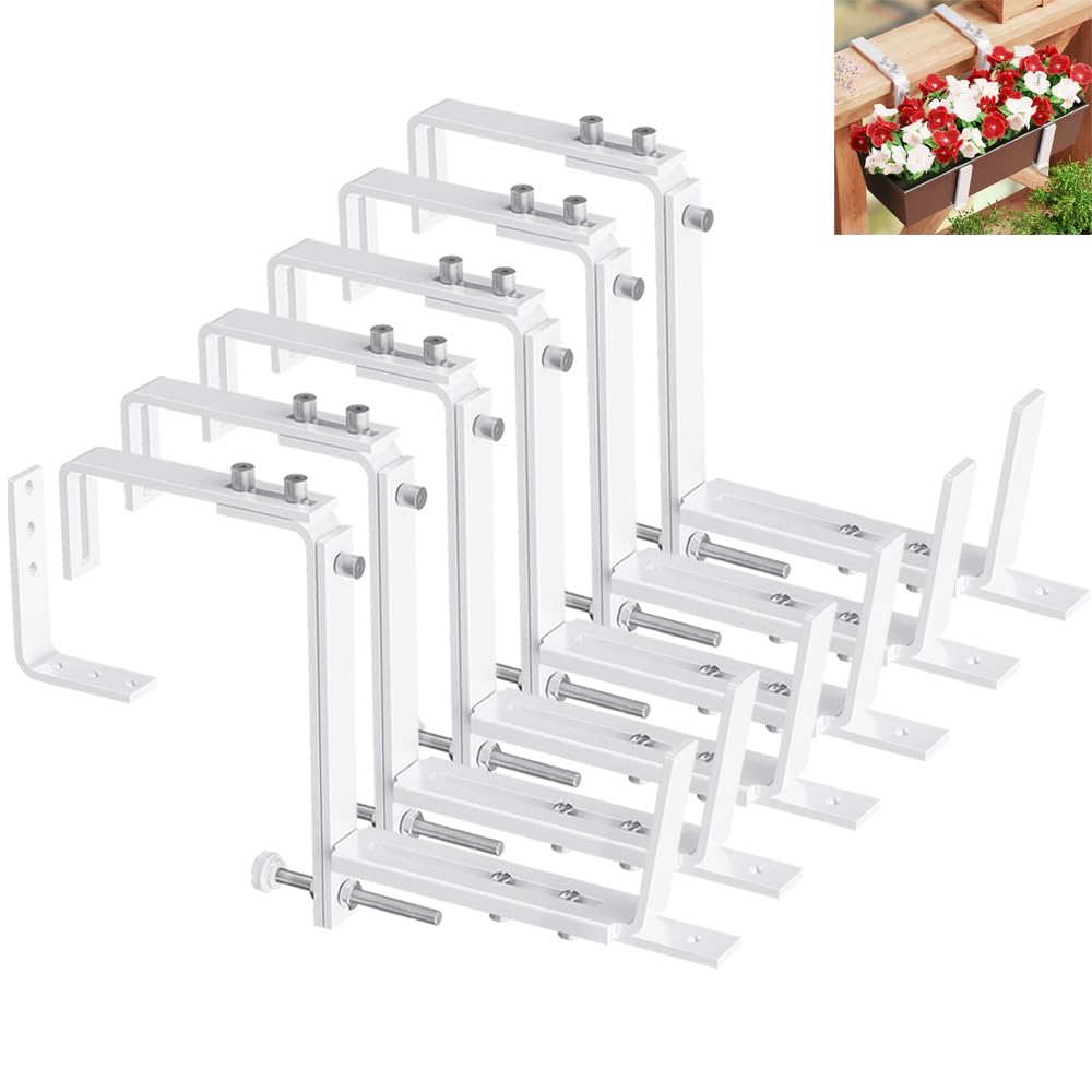 HFHOME Set of 6 Adjustable Window Planter Box Brackets, White Brackets for Window Boxes Planters, Planter Shelving with Adjustable Size The Width of The Bottom of The Planter Box
