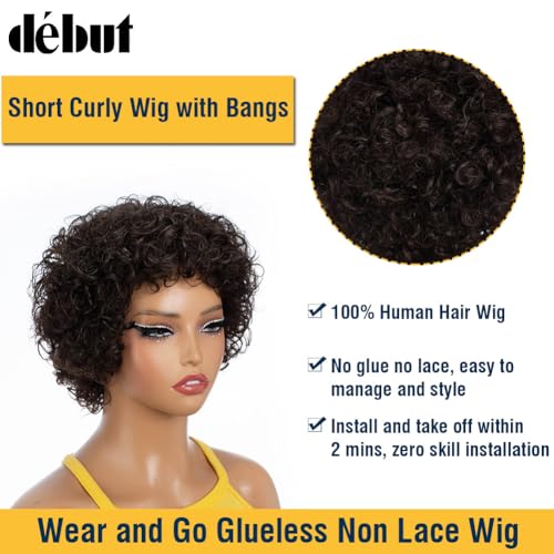 DÉBUT Short Curly Wig 100% Human Hair Wigs For Women Dark Brown Afro Curly Wig with Bangs Pixie Cut Wig Brazilian Remy Hair (8 inches - Image 3