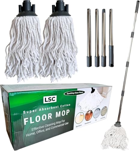 LSC Cotton Floor Mops Looped String Mop with 120cm Long Stainless Steel Handle Extra Replacement Mop Head Scratch-Free Absorbent Classic for Tile Wood Floor Kitchen Bathroom