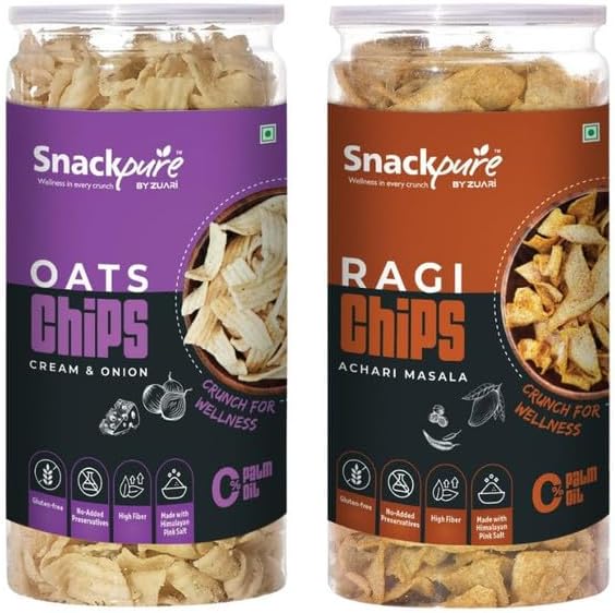 SNACKPURE BY ZUARI Oats Chips Cream Flavor & Ragi Chips Achari Flavor | Palm Oil Free | High Protein, Nutrient-Rich, Gluten-Free | Crunchy & Healthy Snack Combo | Pack Of 2, 140 Gram Each