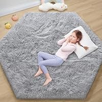 EVOIONOS Grey Hexagon Area Rug, Fluffy Bedroom Carpet, 5.2x6 Feet, Soft Non-Slip, Kids Girls Room, Dorm Rug